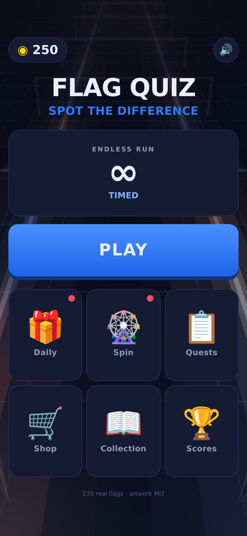 Flag Quiz home screen with the Play button, daily reward, spin, quests, shop, collection and scores