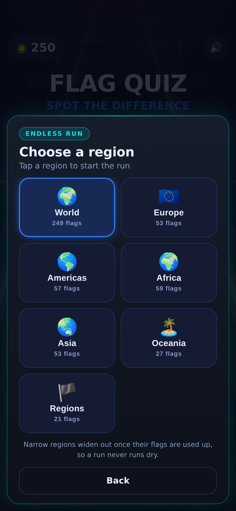 Region picker showing World, Europe, Americas, Africa, Asia, Oceania and Regions, each with its flag count