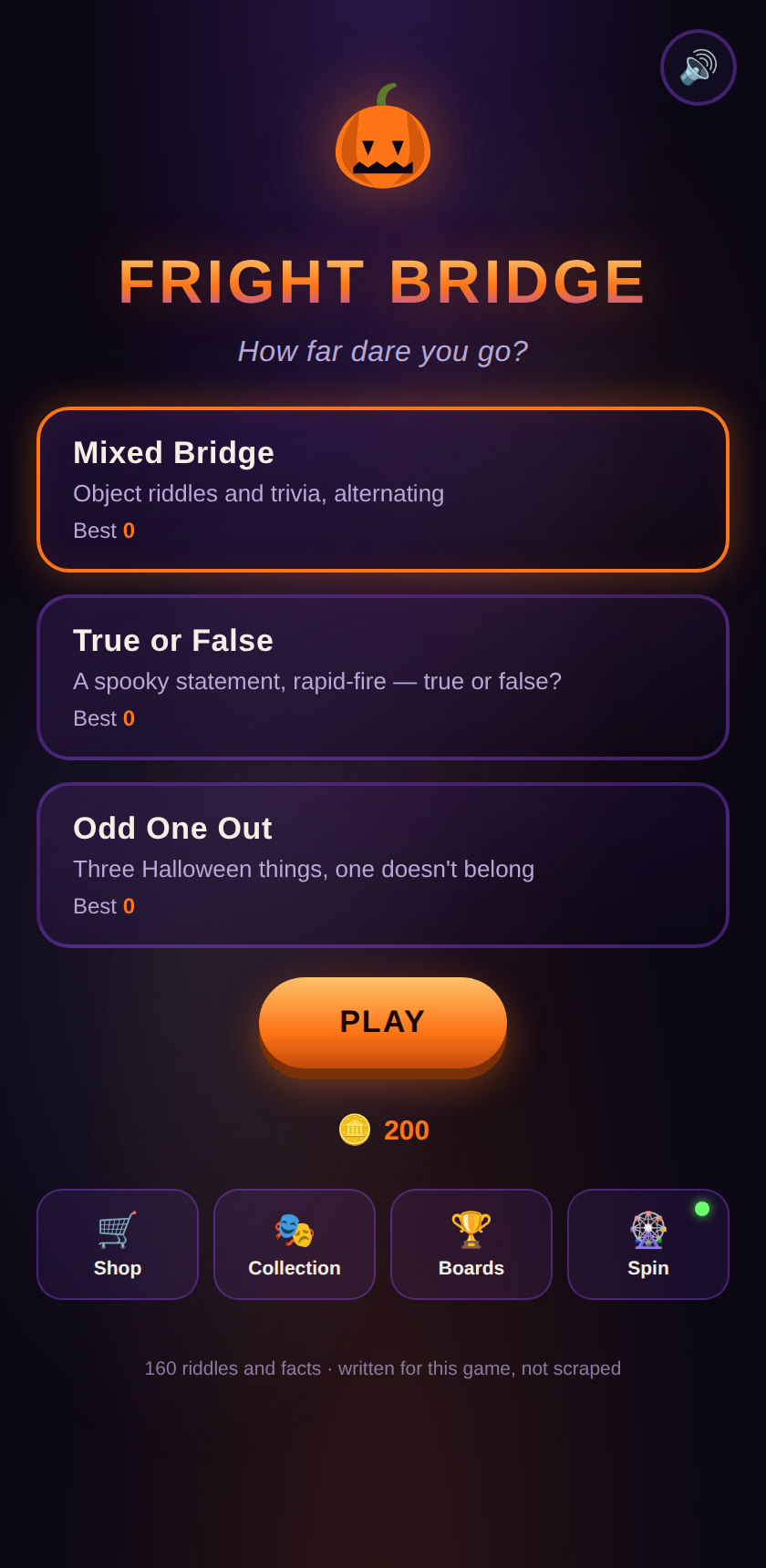 Fright Bridge home screen showing three modes: Mixed Bridge, True or False and Odd One Out