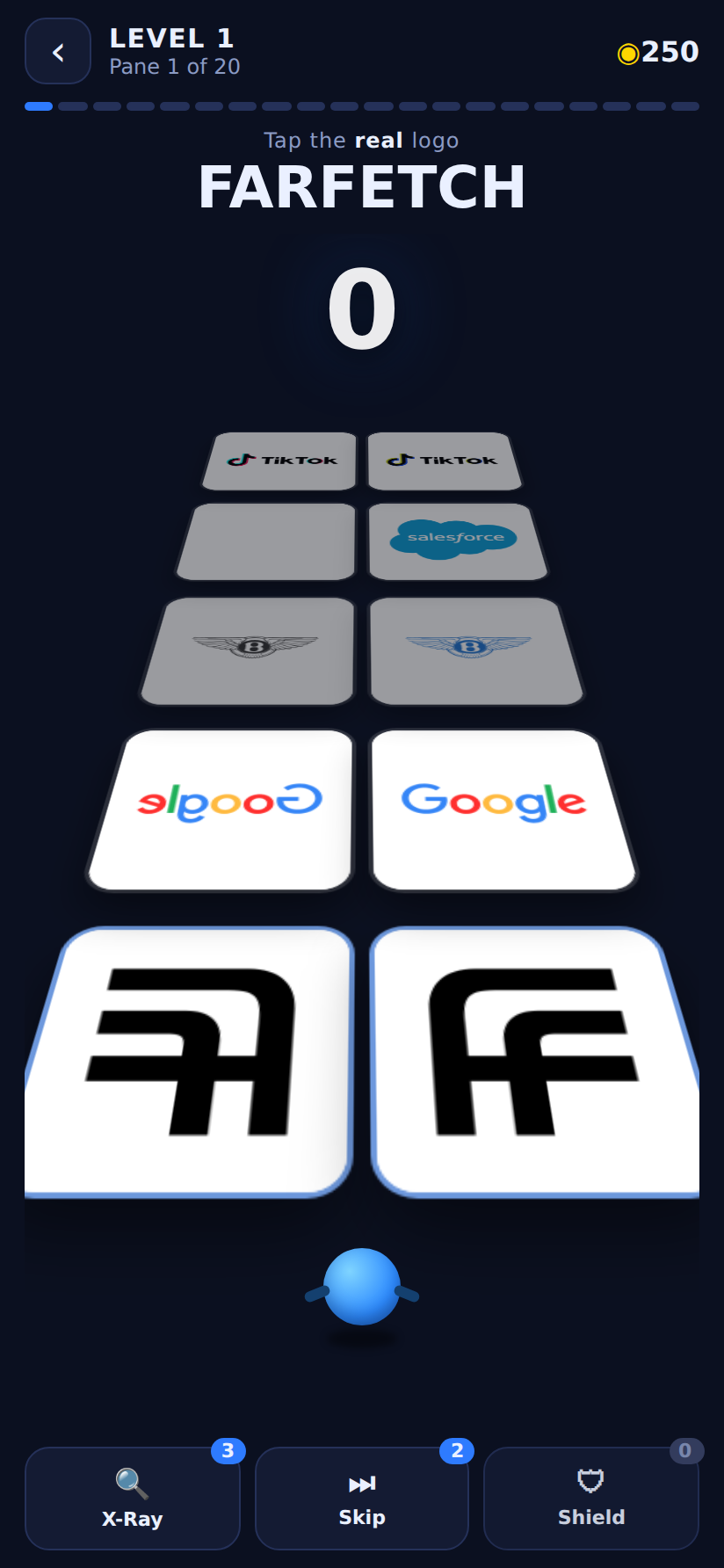 Gameplay screen asking the player to tap the real Farfetch logo, next to a mirrored fake