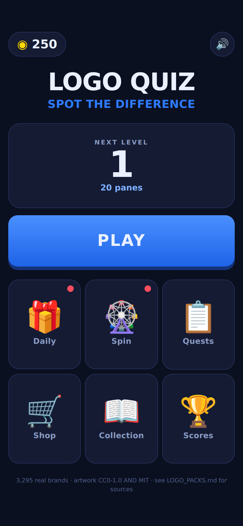 Logo Quiz home screen with the Play button and daily menu