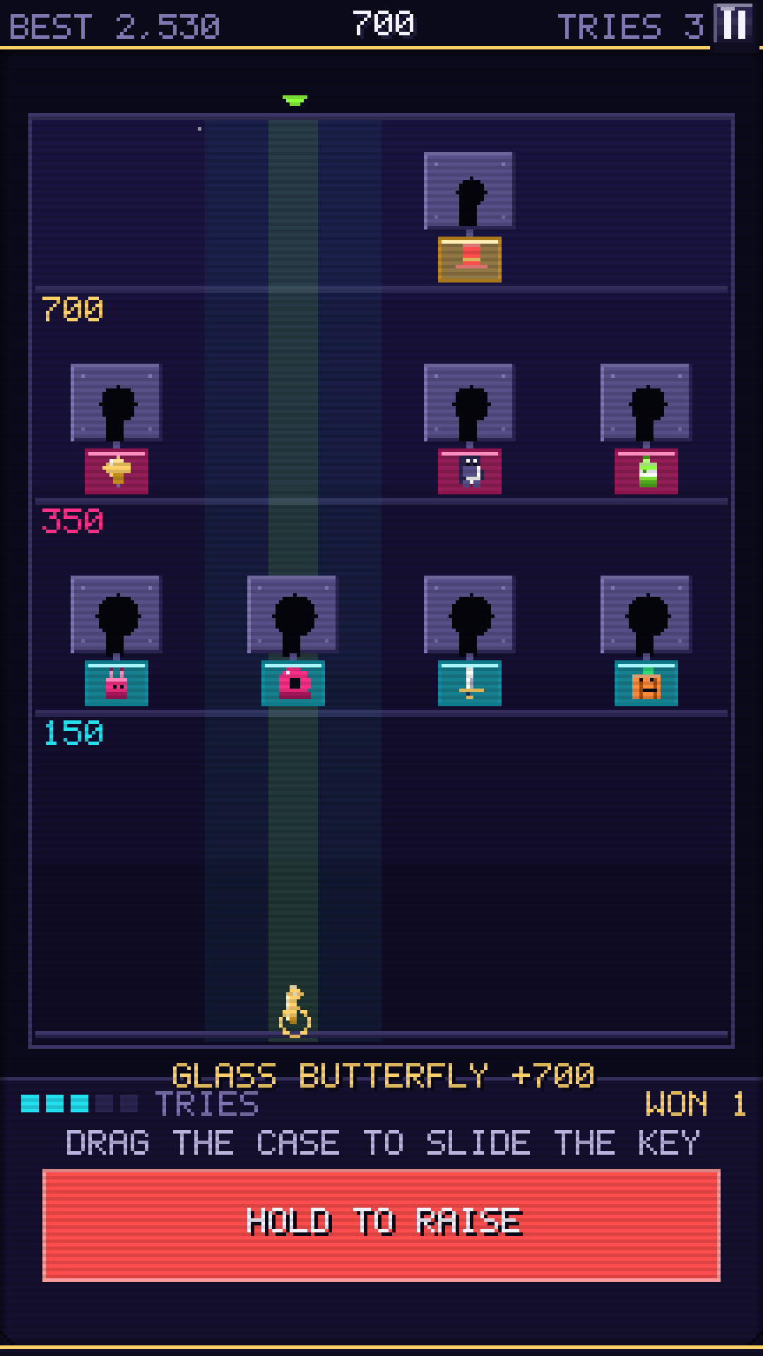 Key Master: shelves of keyhole plates above a rising key