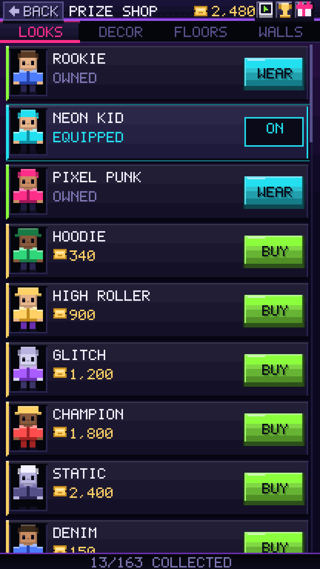 The prize shop, listing character looks and their ticket prices