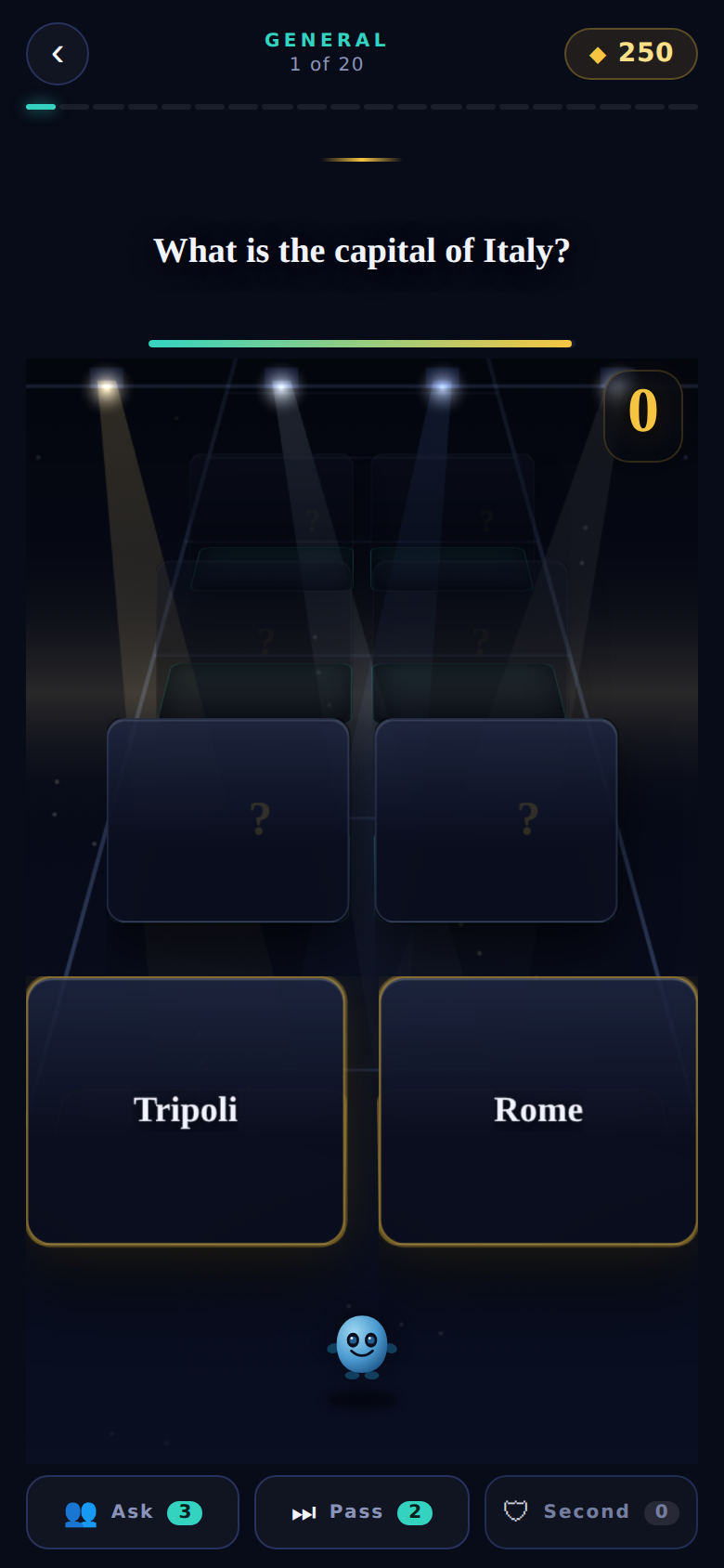 Quiz Bridge gameplay screen asking the capital of Italy, with Rome standing lit on one board and Tripoli dark on the other