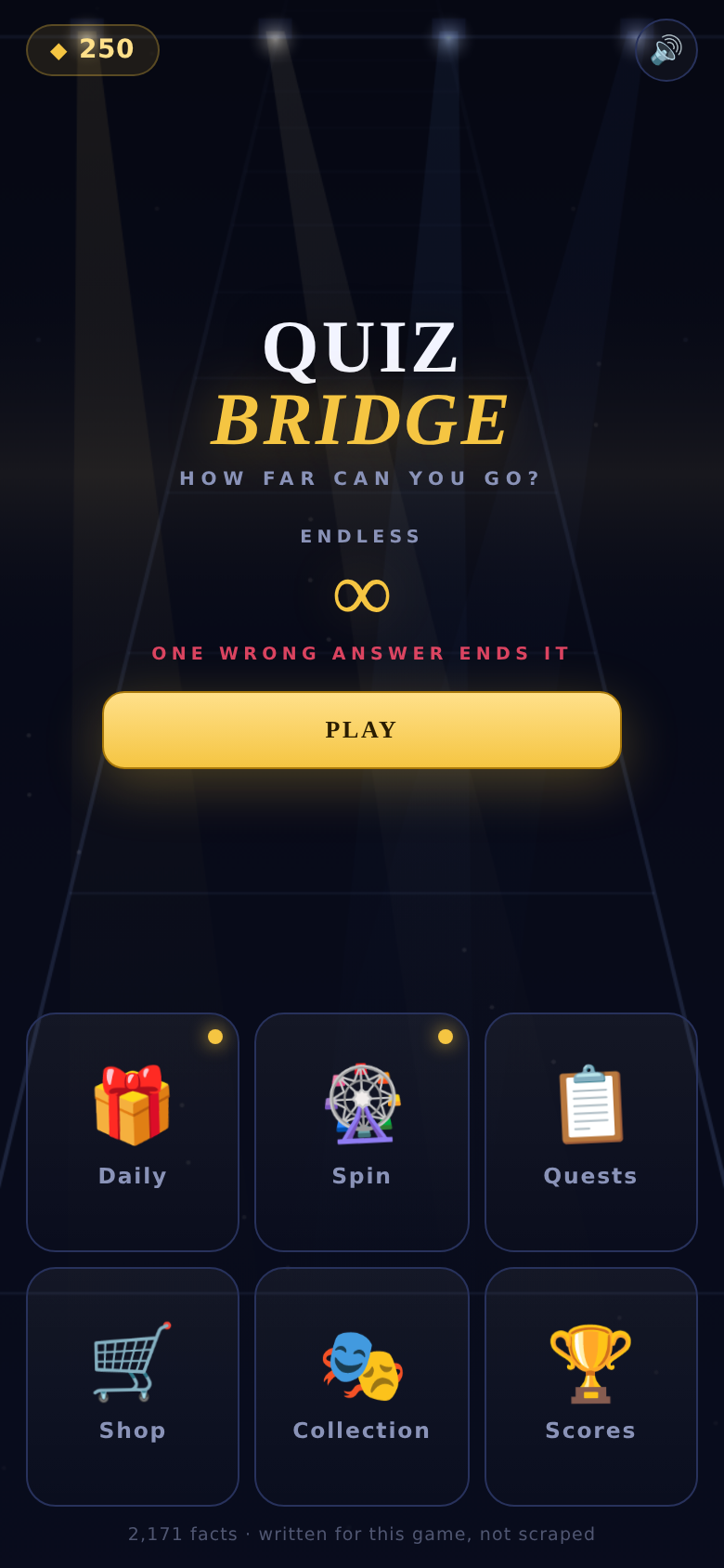 Quiz Bridge home screen with the Play button, daily reward and character select