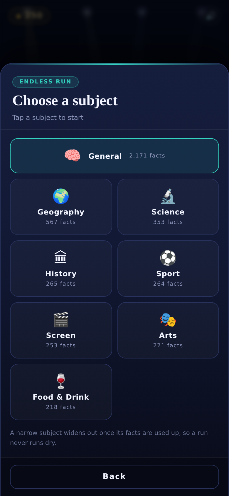 Subject picker showing General, Geography, Science, History, Sport, Screen, Arts and Food & Drink