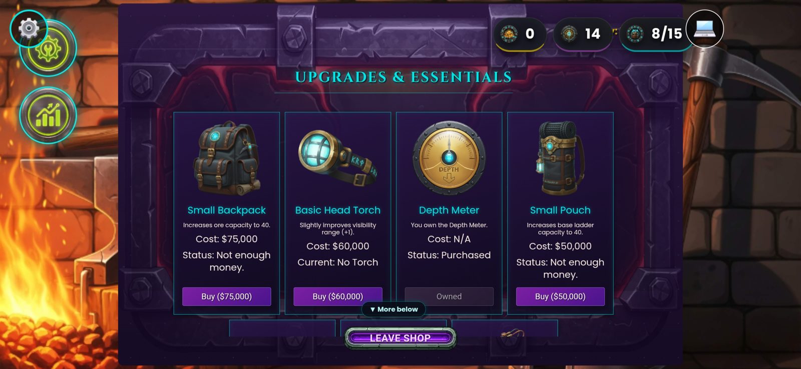 The Gear Shop upgrade screen
