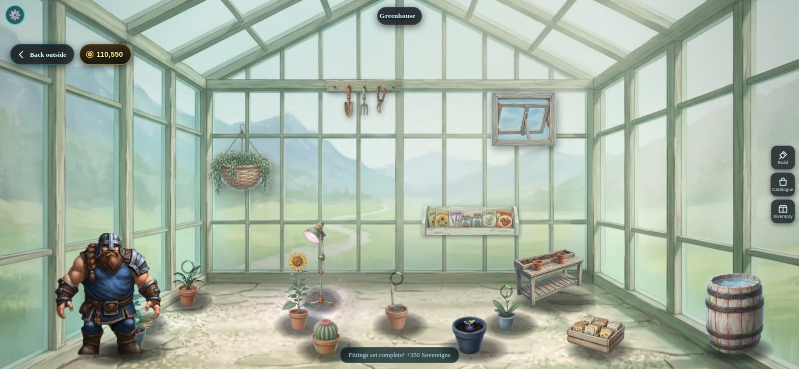 Inside the Greenhouse: potting benches, hanging baskets and pots of growing plants