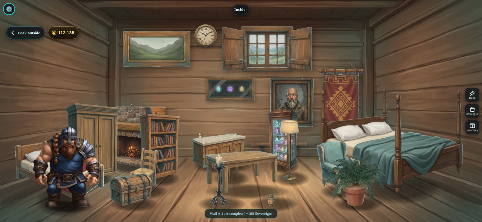 Inside the Miner's Cabin: a furnished bedroom with a fireplace, bookshelf, wardrobe and wall art