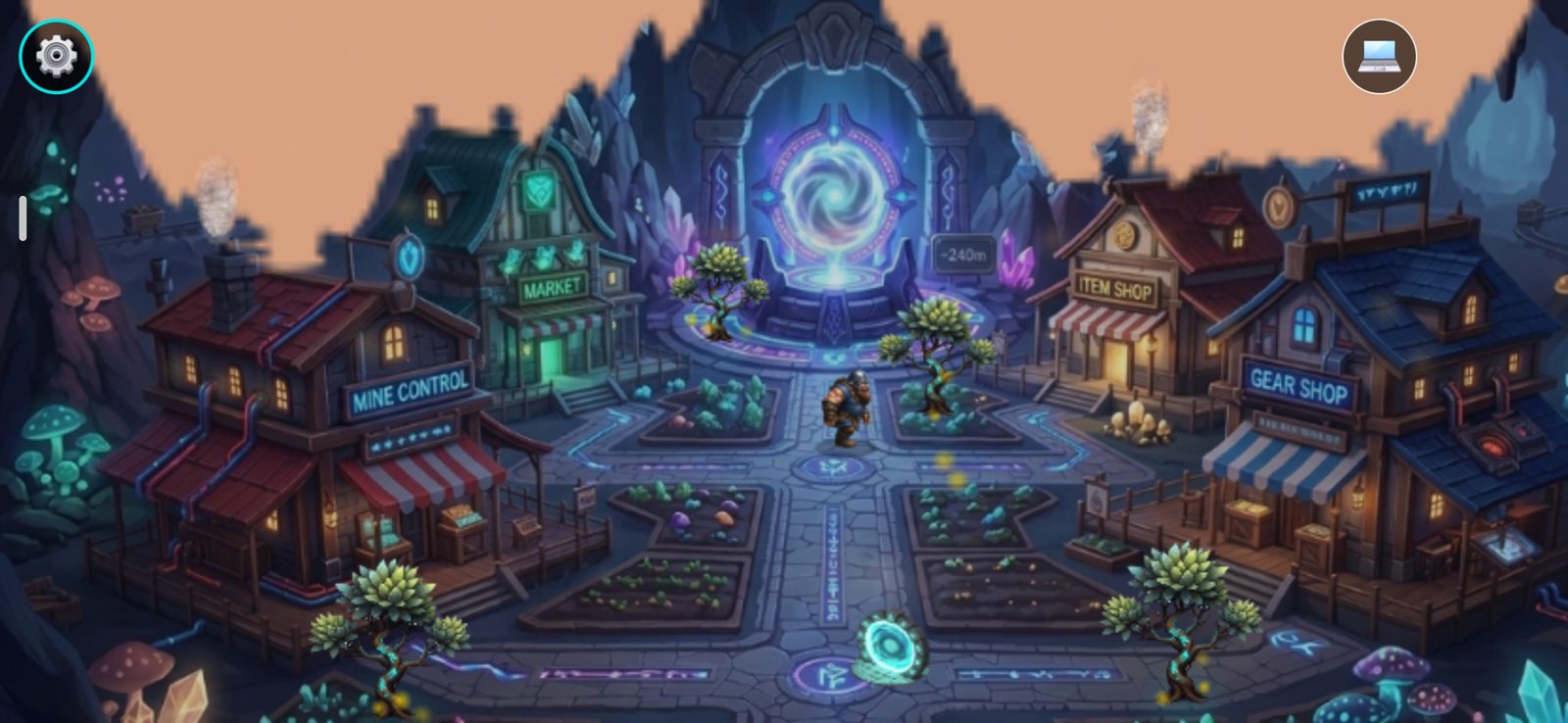 The surface hub with Mine Control, Market, Item Shop and Gear Shop around a glowing portal