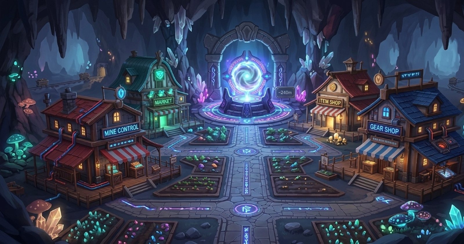 The Abyss hub, a cavern lit by glowing crystals and mushrooms around the portal